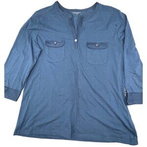 Laura scott long sleeve shirt v neck pockets wrist cuff cotton blend blue L READ
